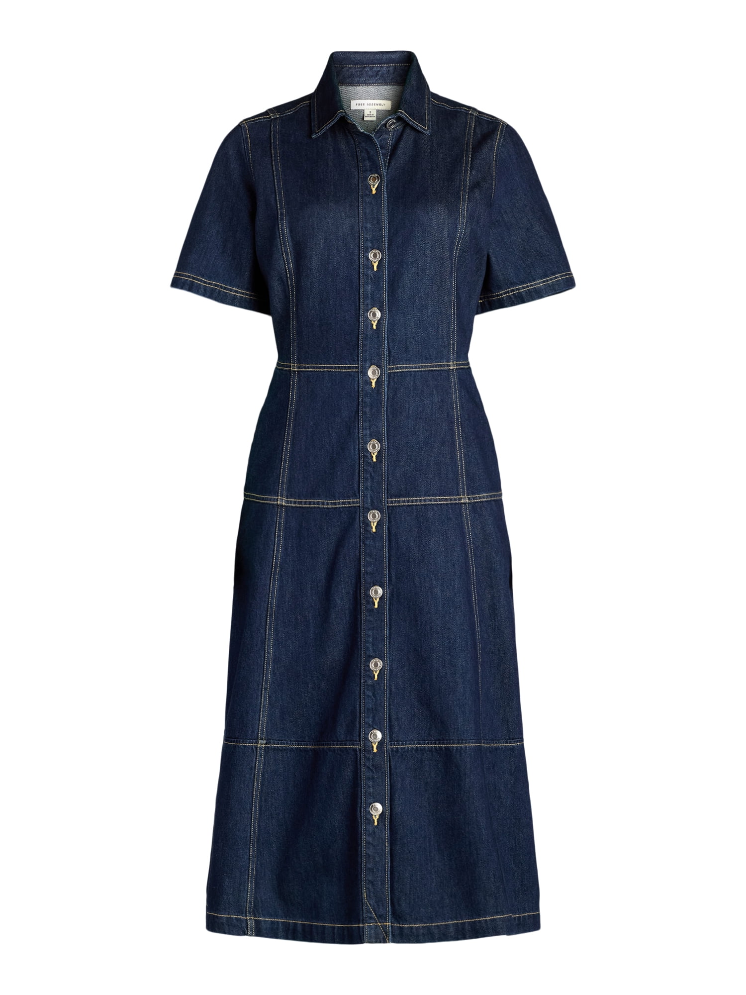 Free Assembly Women's Button Front Cotton Midi Dress with Short Sleeves, XS-XXL