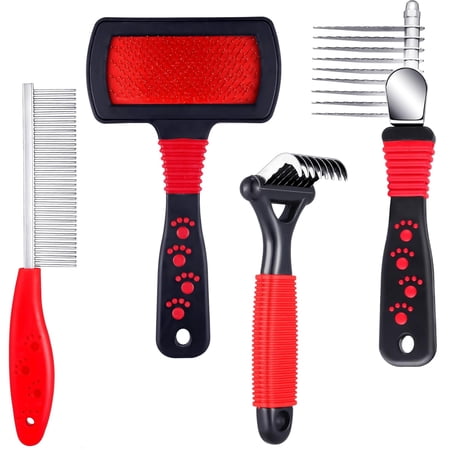 4 Pieces Pet Grooming Kit - Dematting Combs Slicker Brush and Steel Comb for Removing Knots and Hair from Dogs Cats and Poodles