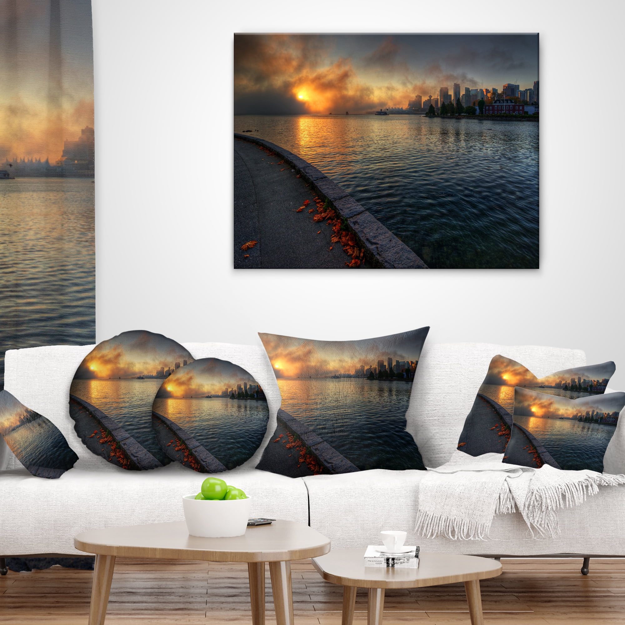 Designart Tranquil Vancouver Downtown View - Landscape Printed Throw Pillow - 12x20
