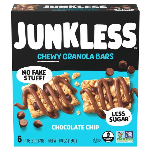 JUNKLESS Chewy Granola Bars, Chocolate Chip, Less Sugar, Gluten Free, Non-GMO, 1.1 oz, 6 Count