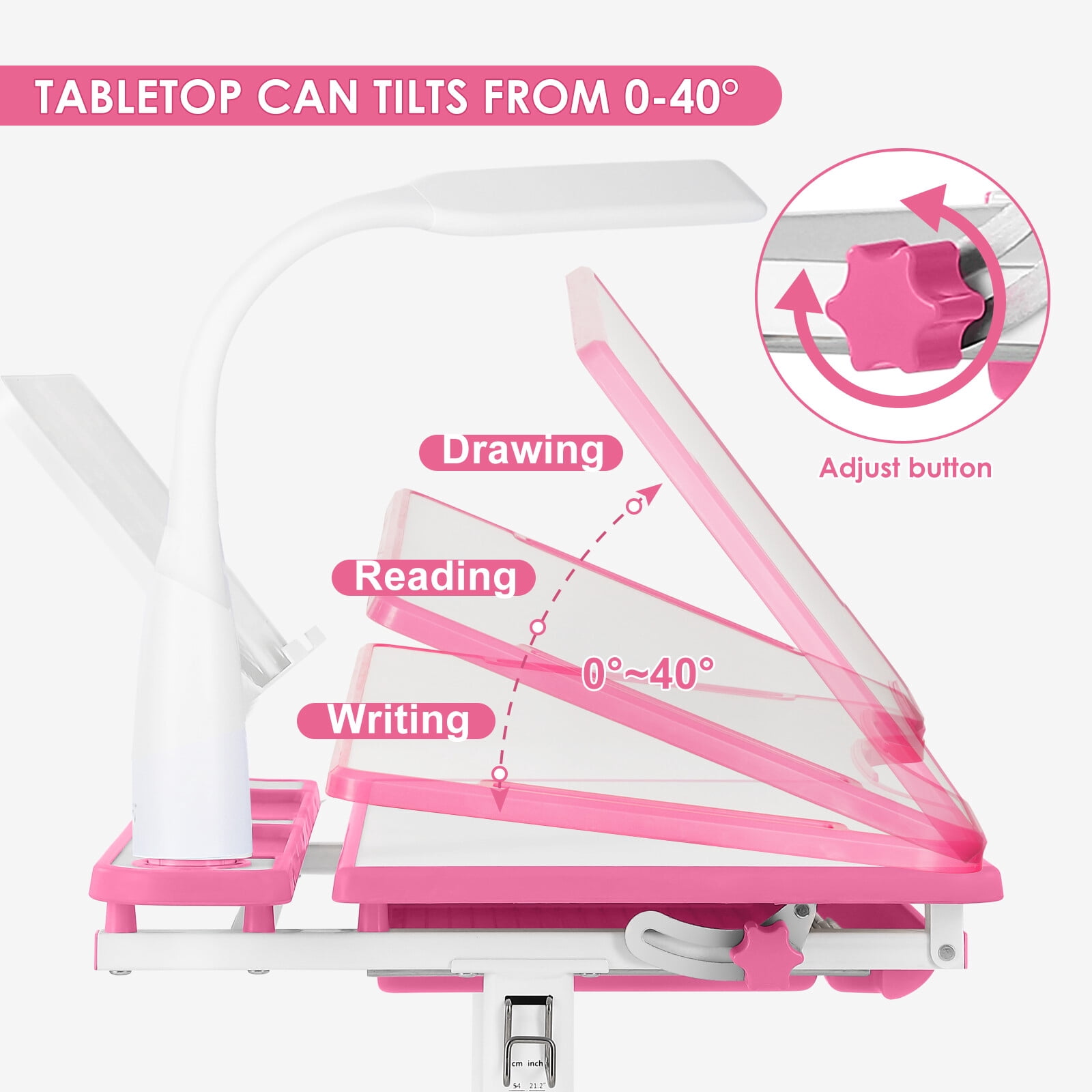 Kids Study Desk and Chair Set Children Height Adjustable Large Writing Board Table with LED Lamp, Drawer, Bookstand (Pink)
