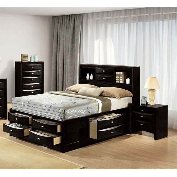 Contemporary Eastern King Size 3pc Bedroom Set Storage Bed 2x Nightstands Bookcase HB Black Finish Solid Wood Furniture