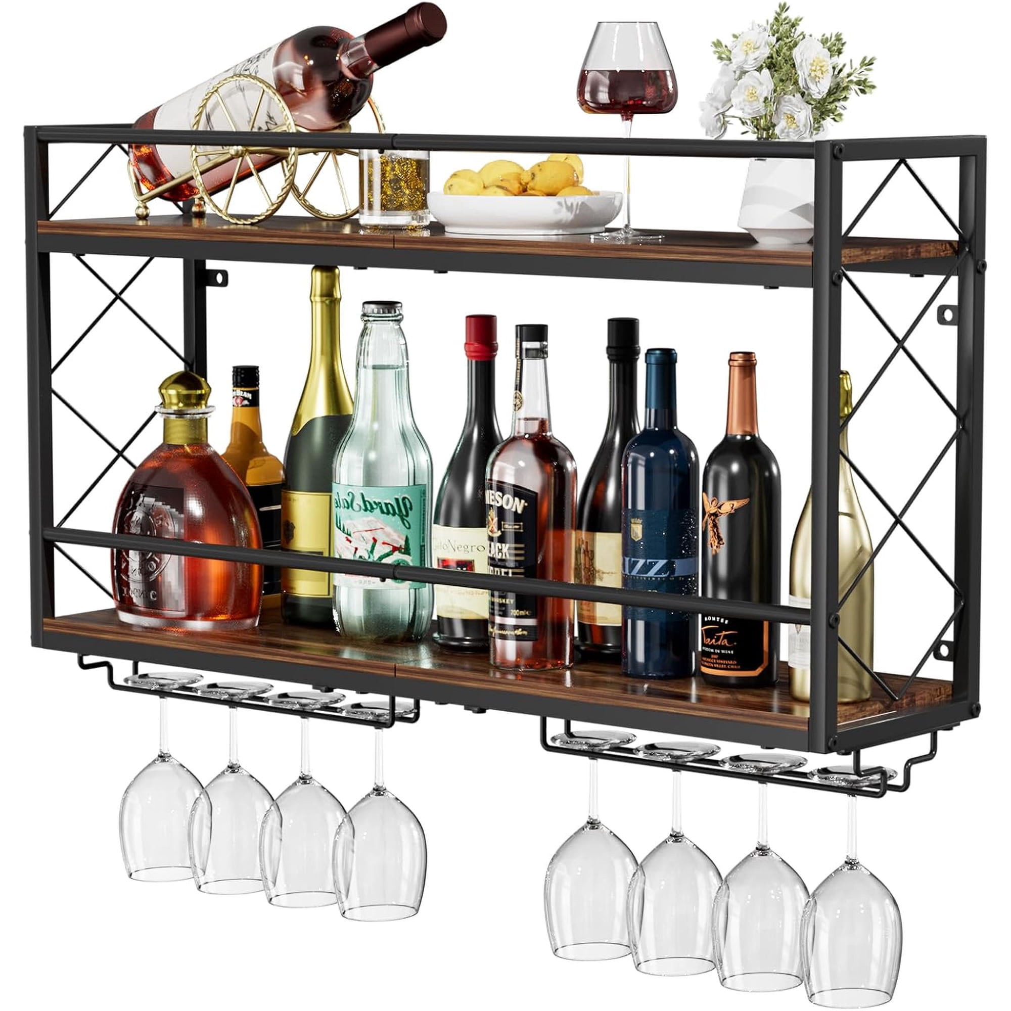 Wine Rack Wall Mounted 2 Tier Wall Wine Rack with Glass Holder Double Layer Anti-Drop Crossbar 31.5 Metal Wood Wall Mount Wine Holder for Home Kitchen Dining Room Coffee Shop Bar Black