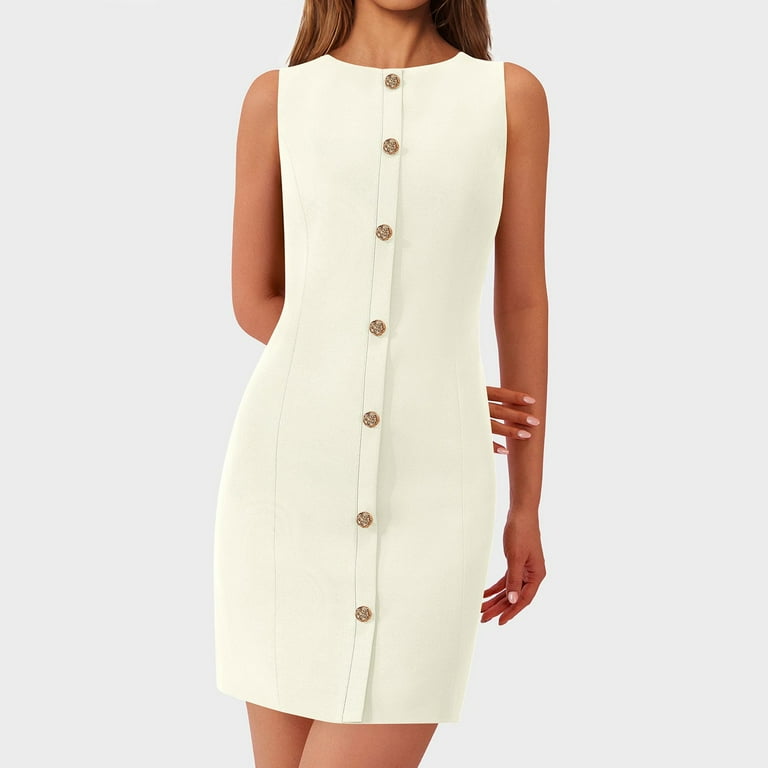 Bbyeadc White Office Dresses for Women Sleeveless Button Down Back Zipper Office Dress Women Comfy Boat Neck Elegant Professional Short Dresses Summer