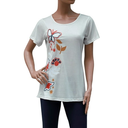 Day Trip Butterfly Top Faship Womens Embroidered Embroidery Floral Butterfly Stretch T-Shirt Top Tee Blouse ()