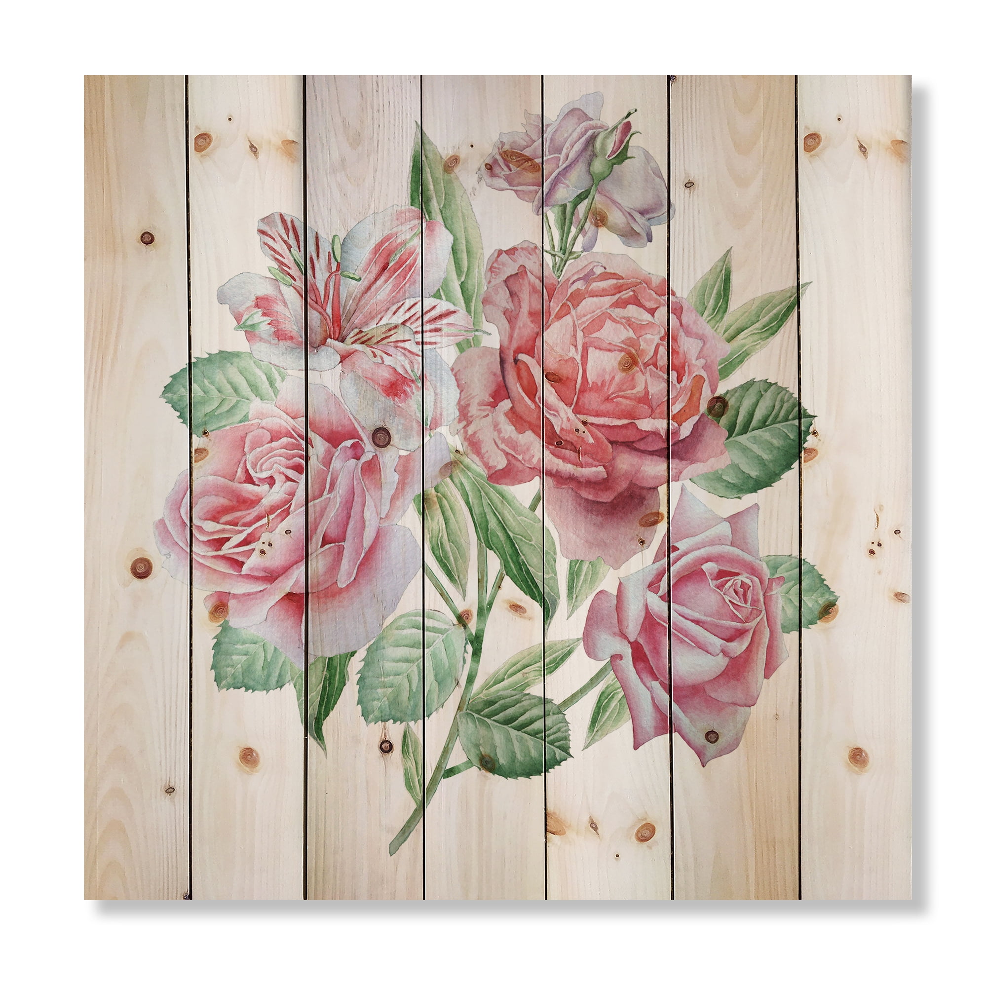 Designart 'Spring Flowers Alstroemeria Pink Roses' Traditional Print on Natural Pine Wood