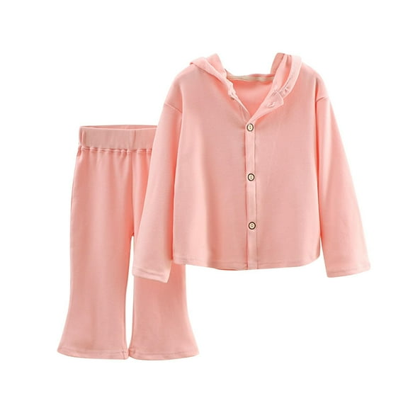 Jalioing Girls 2 Piece Lounge Set Long Sleeve Button Down Hoodies and Pants Set Solid Cotton Clothes Set