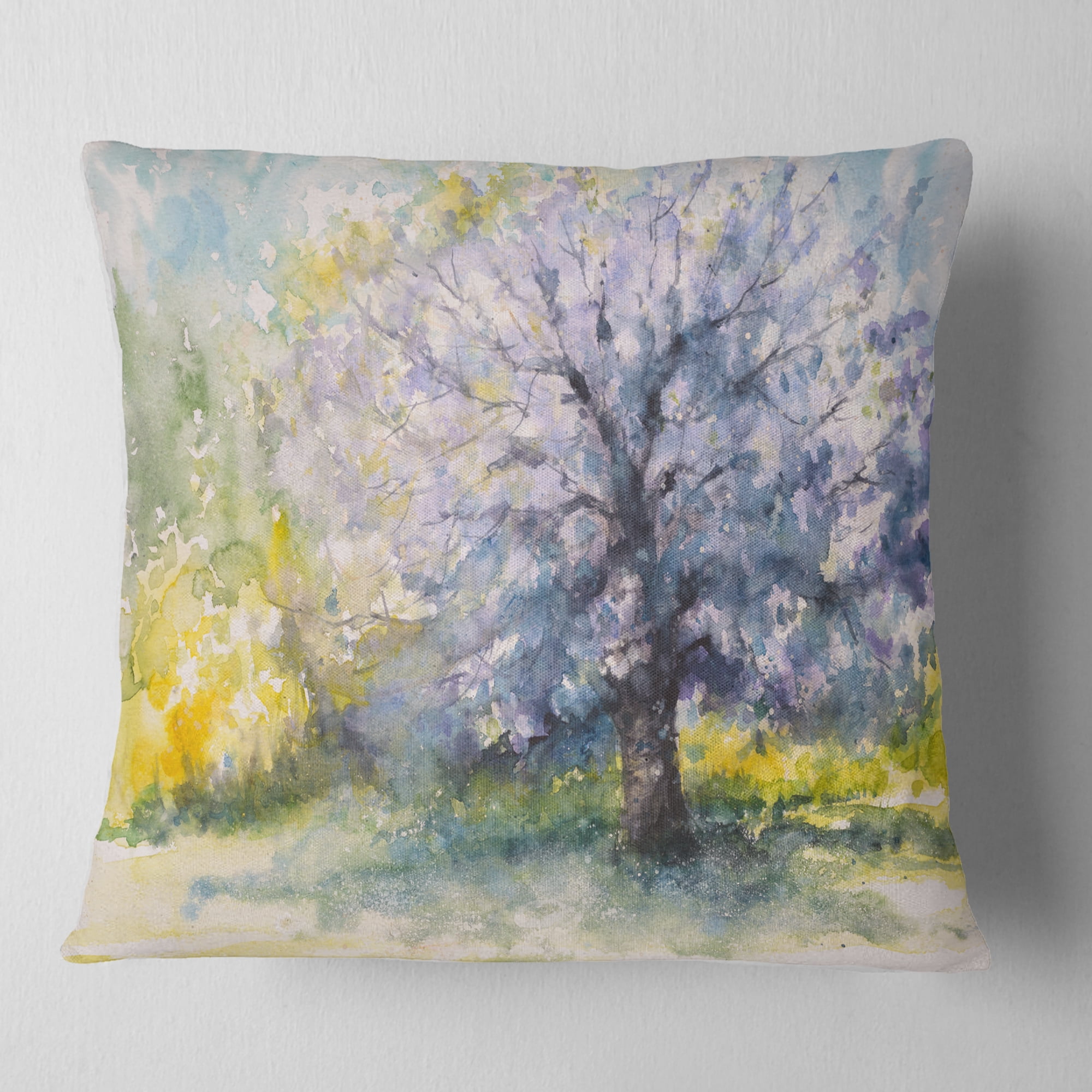 Designart Blooming Cherry Tree - Watercolor Floral Throw Pillow - 16x16
