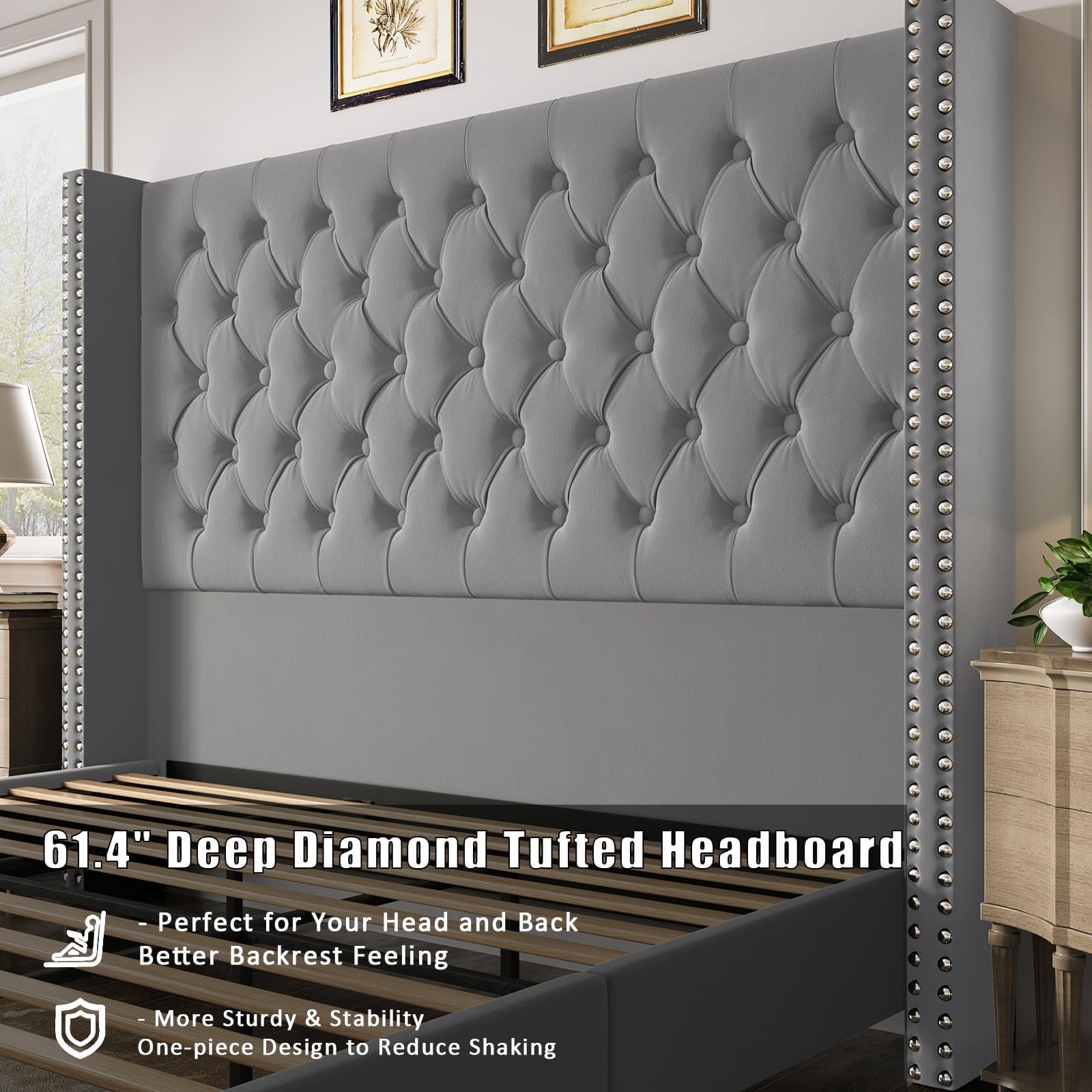 VanAcc King Platform Bed Frame 61.4" Handmade Headboard,Velvet Tall Upholstered Deep Button Tufted,Gray