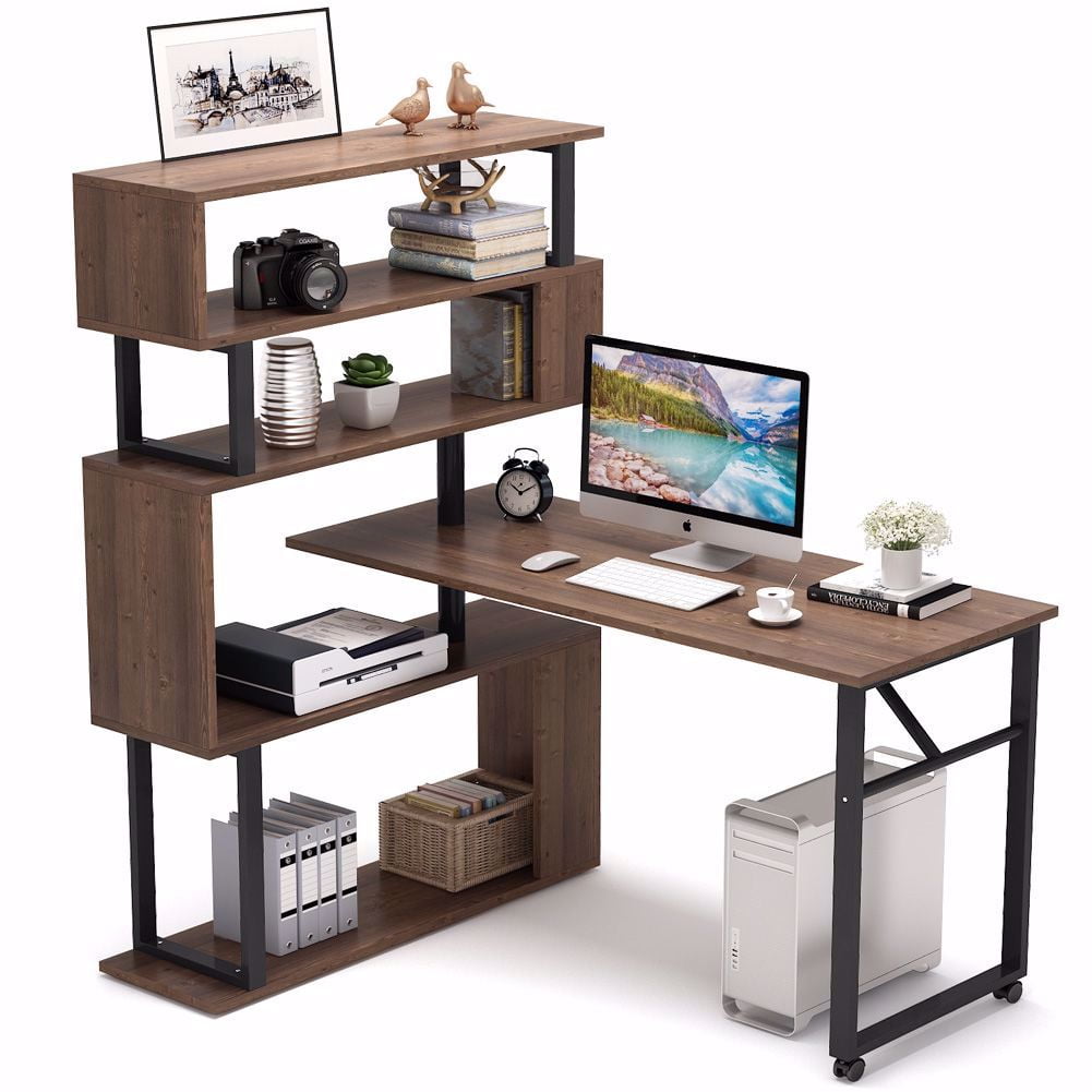 Tribesigns Rotating Computer Desk With Shelves Bookshelf Vintage