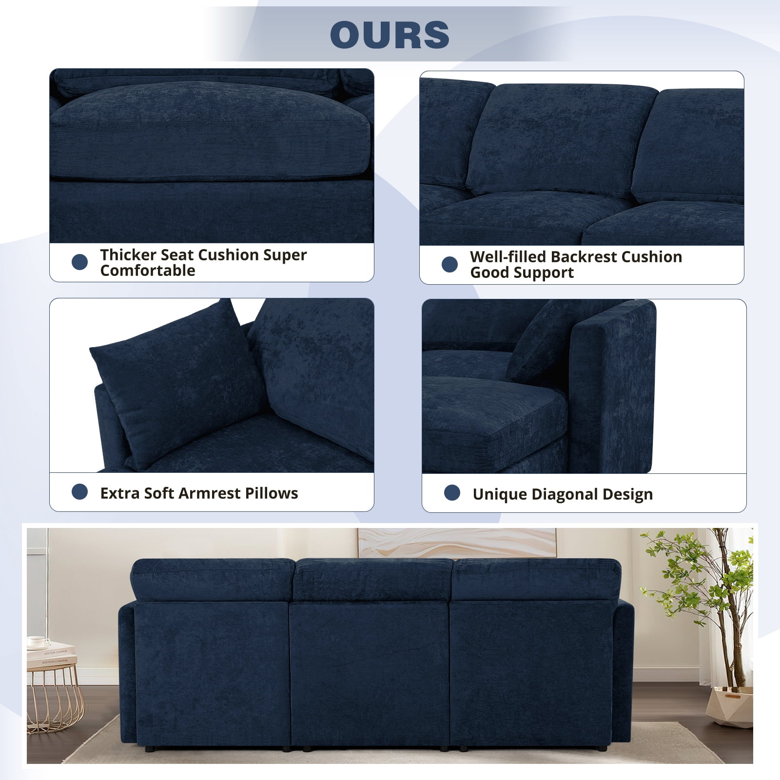 ACMEASE 84” Chenille 3 Seats Sofa W/Movable Ottoman, Modern Fabric L-Shaped Couch with Soft Backrest, Upholstered Sectional Sofa with Armrest Pillows for Living Room, Office, Blue