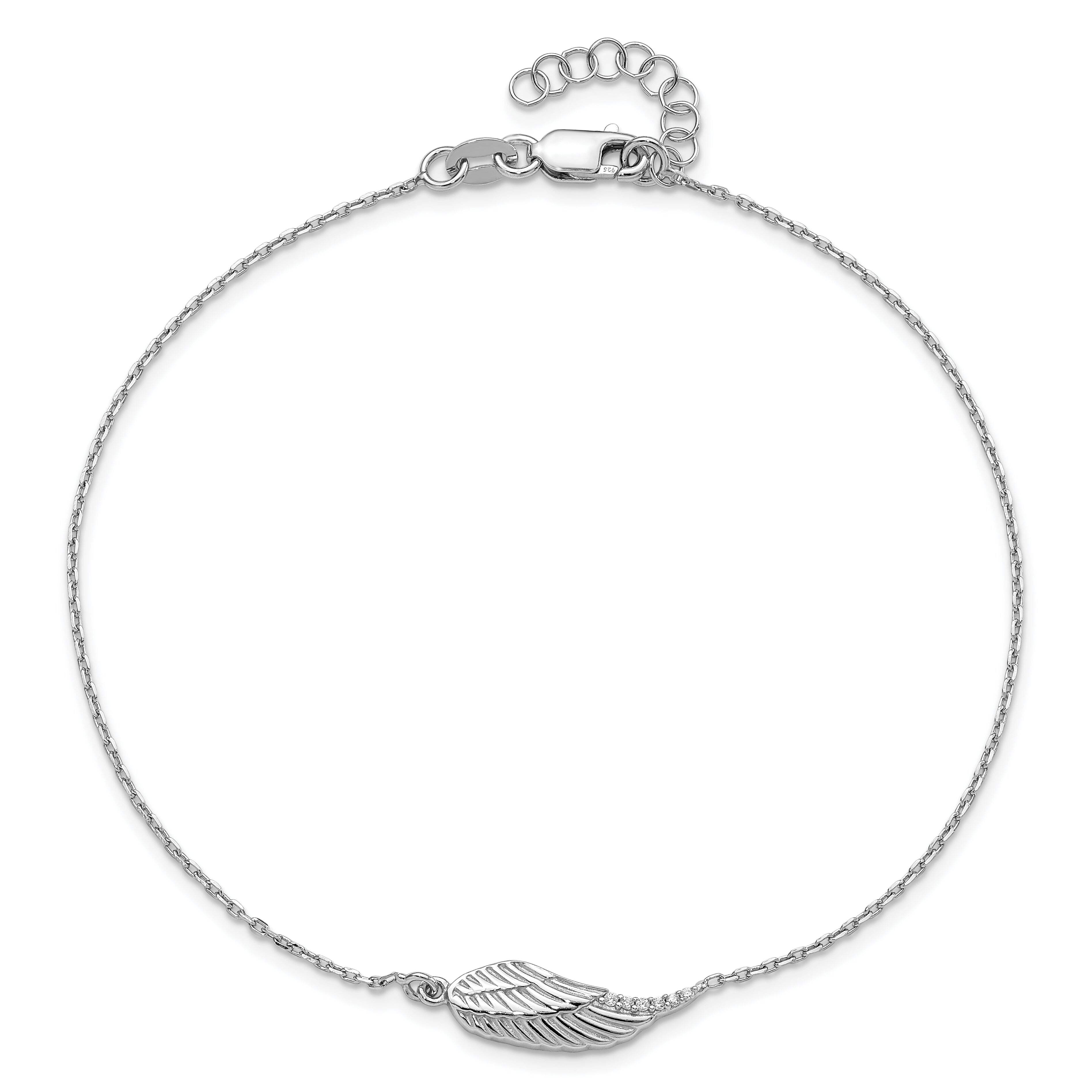 Sterling Silver Rhodium-Plated CZ Angel Wing 9in. Plus 1in. Extension Anklet