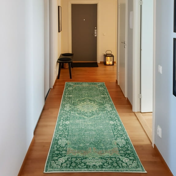 Vintage Decorative Rug, Oriental Design Curlicue Swirly Motives with Retro Details Victorian Art, Quality Carpet for Bedroom Dorm and Living Room, 6 Sizes, Emerald and Teal, by Ambesonne