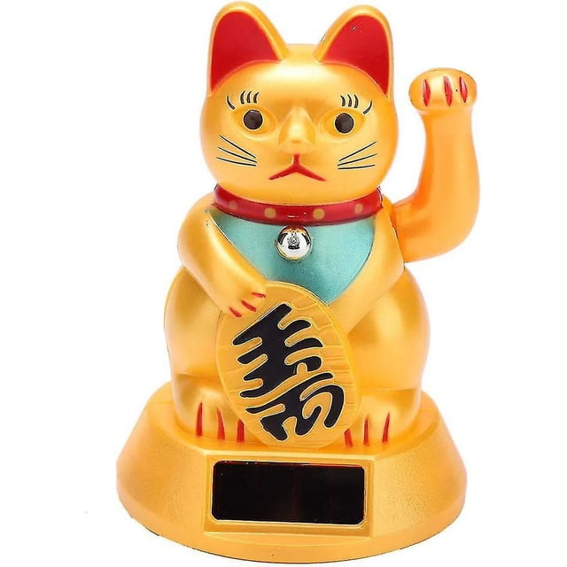 Gato De La Suerte Dorado Con Energía Solar Que Da La Bienvenida Que Agita El Brazo Haciendo Señas A La Fortuna Y La Salud