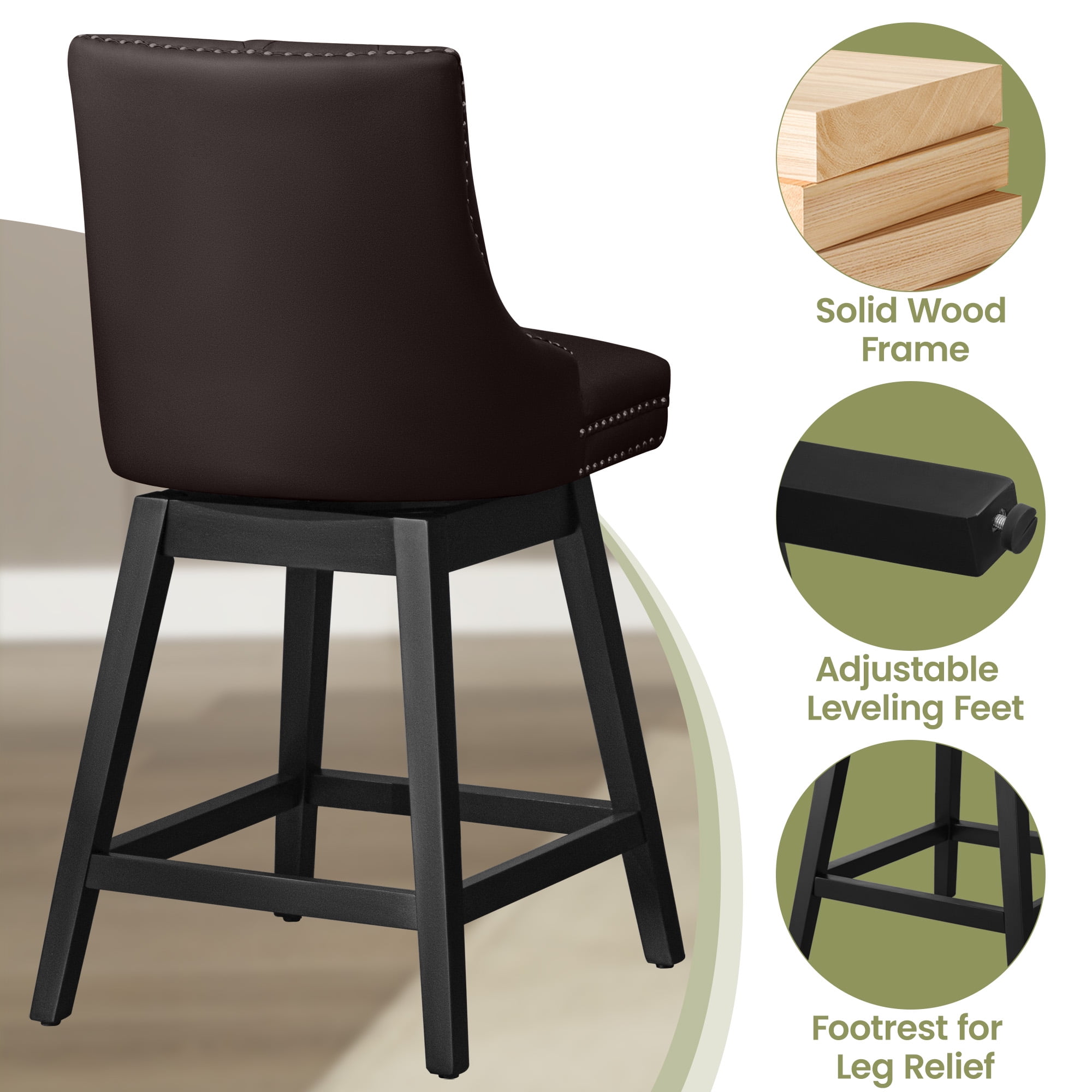 COOLHUT 26" Swivel Counter Height Bar Stools Set of 2 with Backs, Upholstered Bar Stools, Faux Leather Bar Chairs with Footrest for Kitchen Island, Red Brown