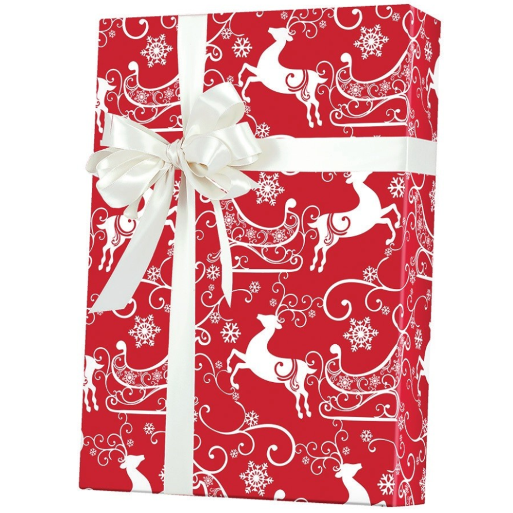 Reindeer Sleigh Red and White Elegant Christmas Holiday Gift Wrap