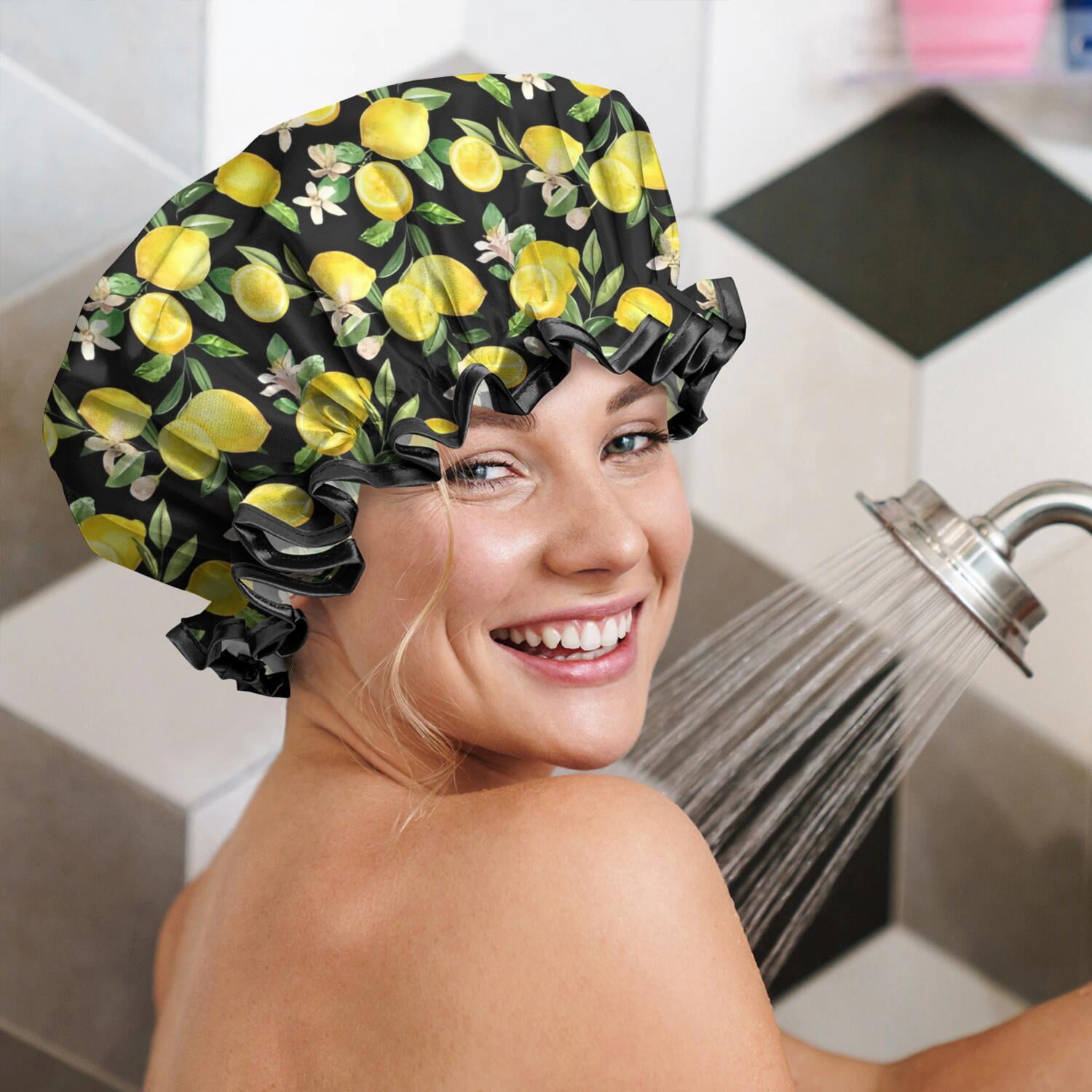 Shower Caps,Yellow Lemon Fruit Flowers Black Pattern Waterproof Shower Cap for Women 4 Pieces,Double Reusable Hair Cover for Shower PEVA Elastic Stretch Hem
