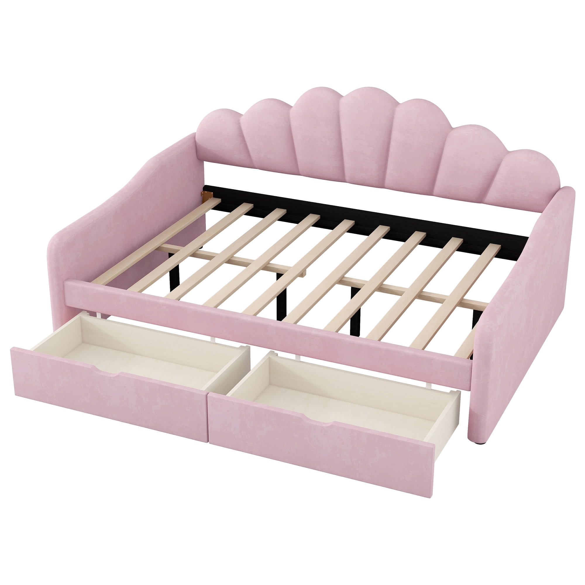 EUROCO Upholstery Full Size Platform Bed, Upholstered Daybed with Headboard and Drawers, Pink
