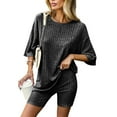 thumbnail image 2 of YI YI Ribbed Knit 2 Pieces Outfits for Women Pajamas Lounge Sets Oversized V Neck T-shirts Shorts Set with Side Slit S Black, 2 of 9