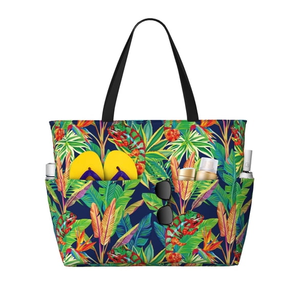 Large Beach Bags Water-resistant Sandproof - Cute Lizard Chameleon Banana Leaf Cute Beach Tote Bags for Women with Zipper