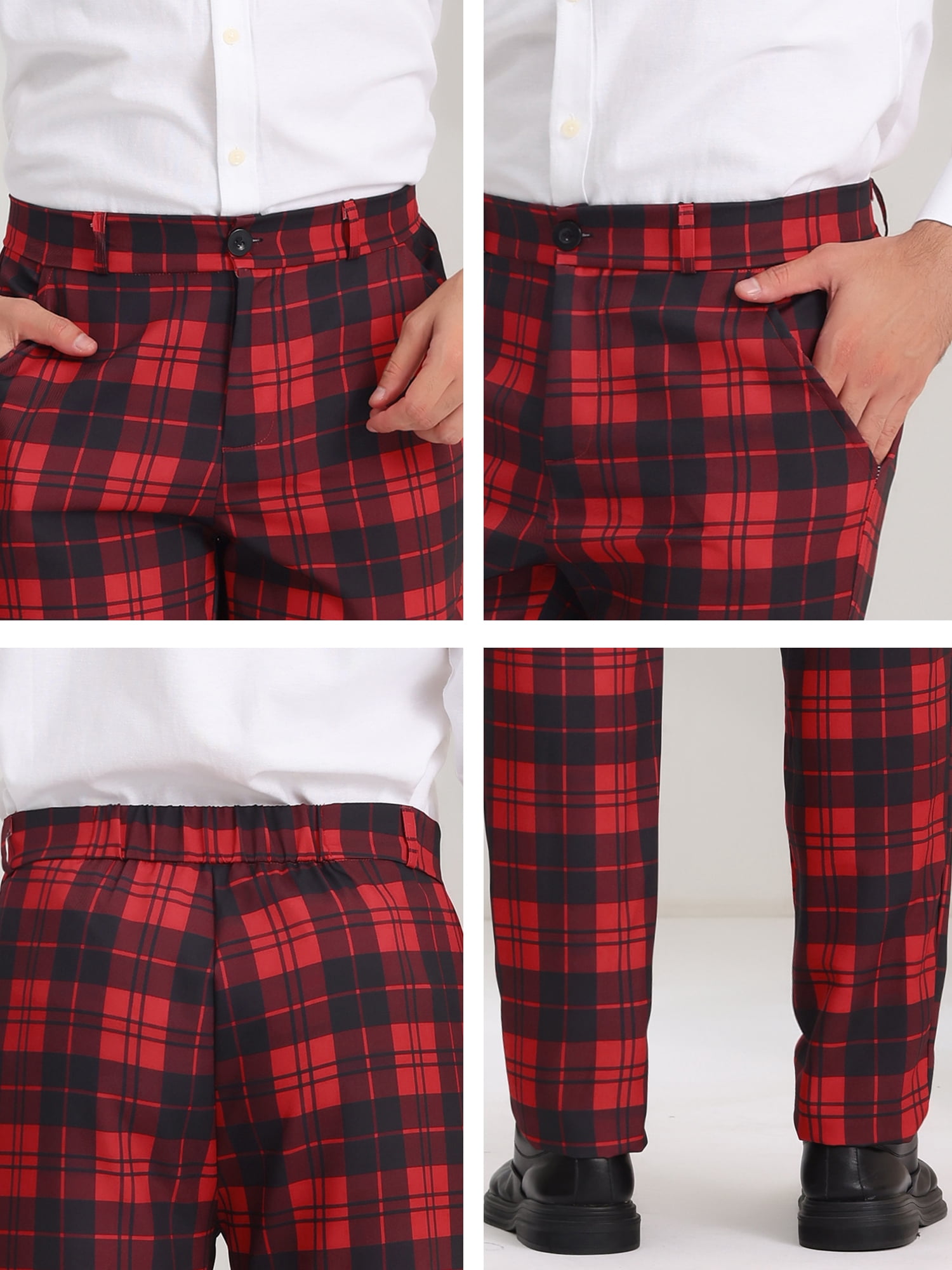 Unique Bargains Men's Plaid Slacks Regular Fit Flat Front Work Prom Checked Pants 30 Red