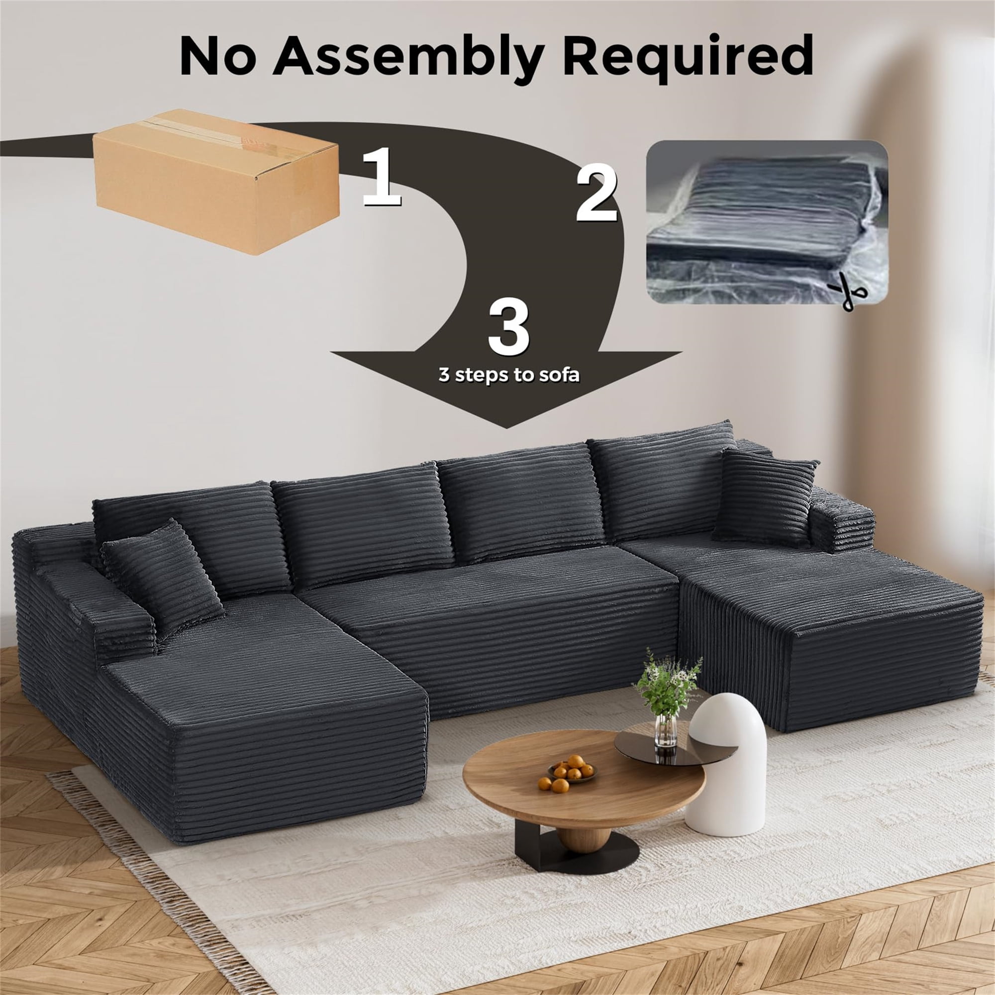 Aukfa 132" U Shape Cloud Sectional Sofa Oversized Modular Boneless Couch, Double Chaise Corduroy Sofa for Living Room, Dark Gray