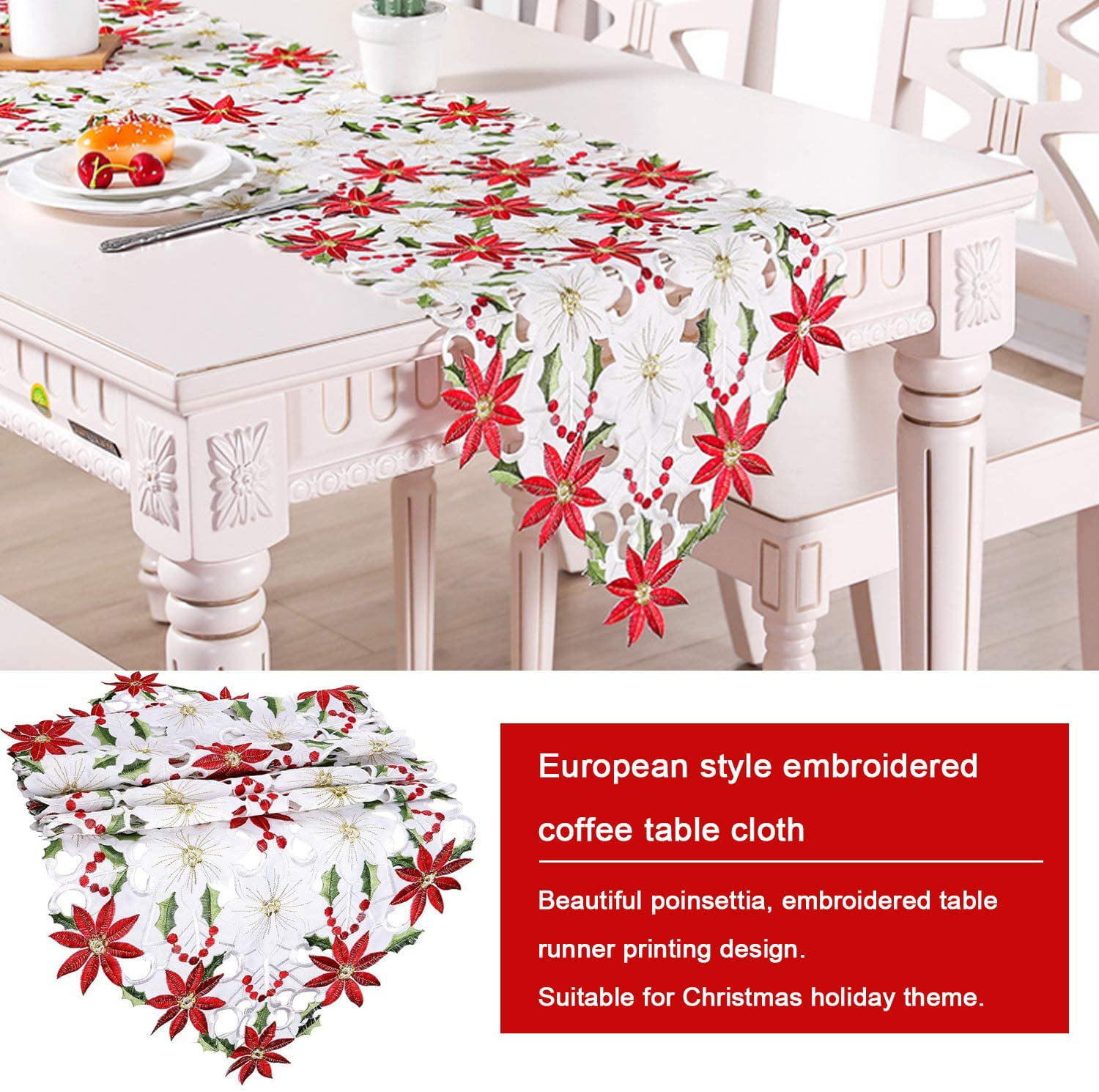 Hollow Out Table Runner with Poinsettia Flowers 70 x 15 Inch Christmas Poinsettia Table Runner for Table Decorations Aytai Embroided Table Runners Christmas Table Runners 