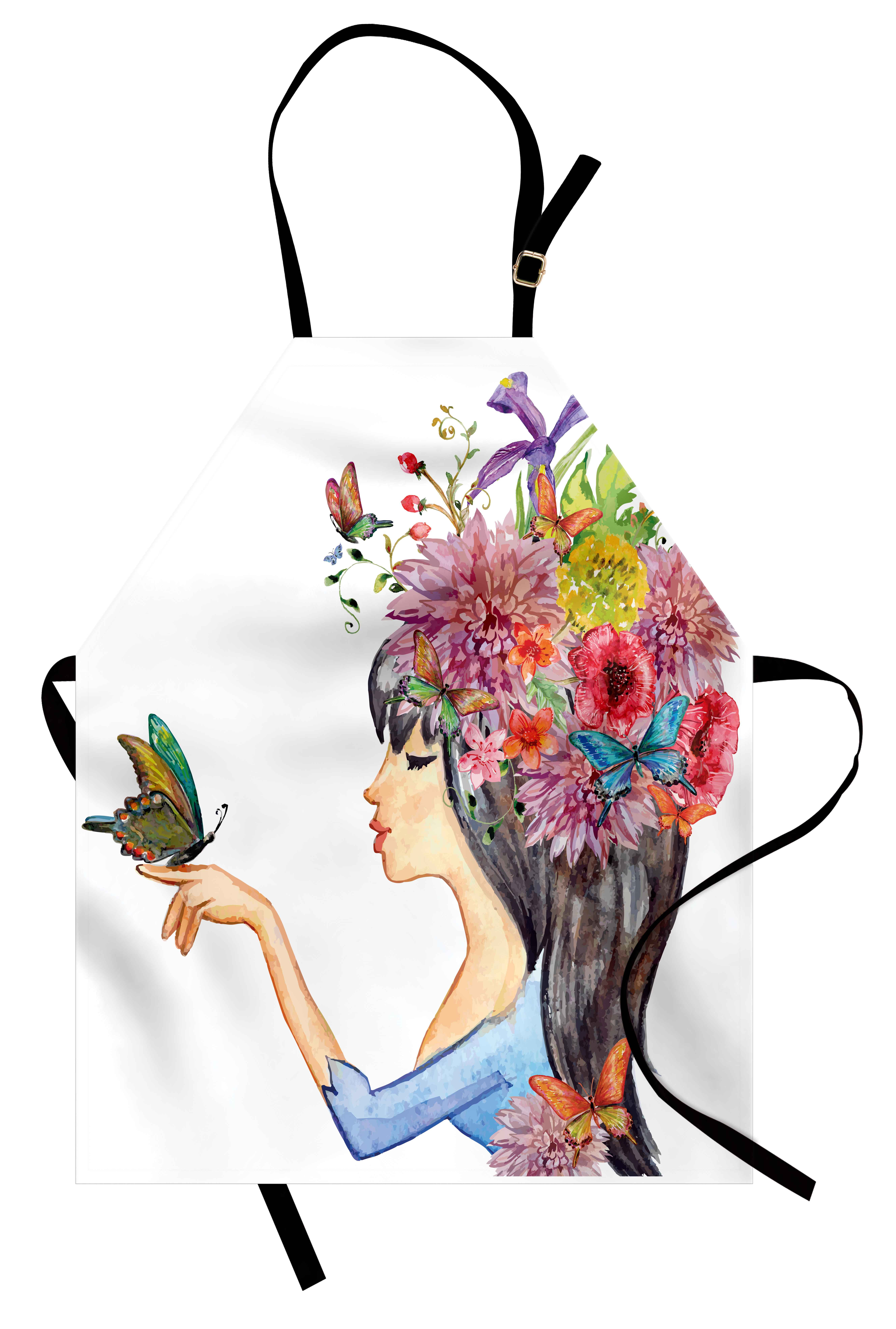 Floral Apron Colorful Spring Flowers Leaves with a Long Haired Woman Butterfly Artwork IMage, Unisex Kitchen Bib Apron... by 3decor llc