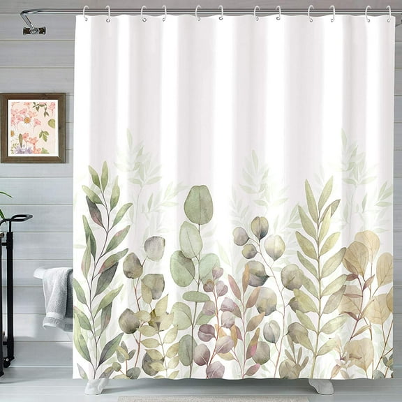 Green and White Shower Curtain, Fabric Shower Curtains for Bathroom, Plant Leaves Shower Curtain Sets with 12 Hooks 72''''×72‘’ (Green White)