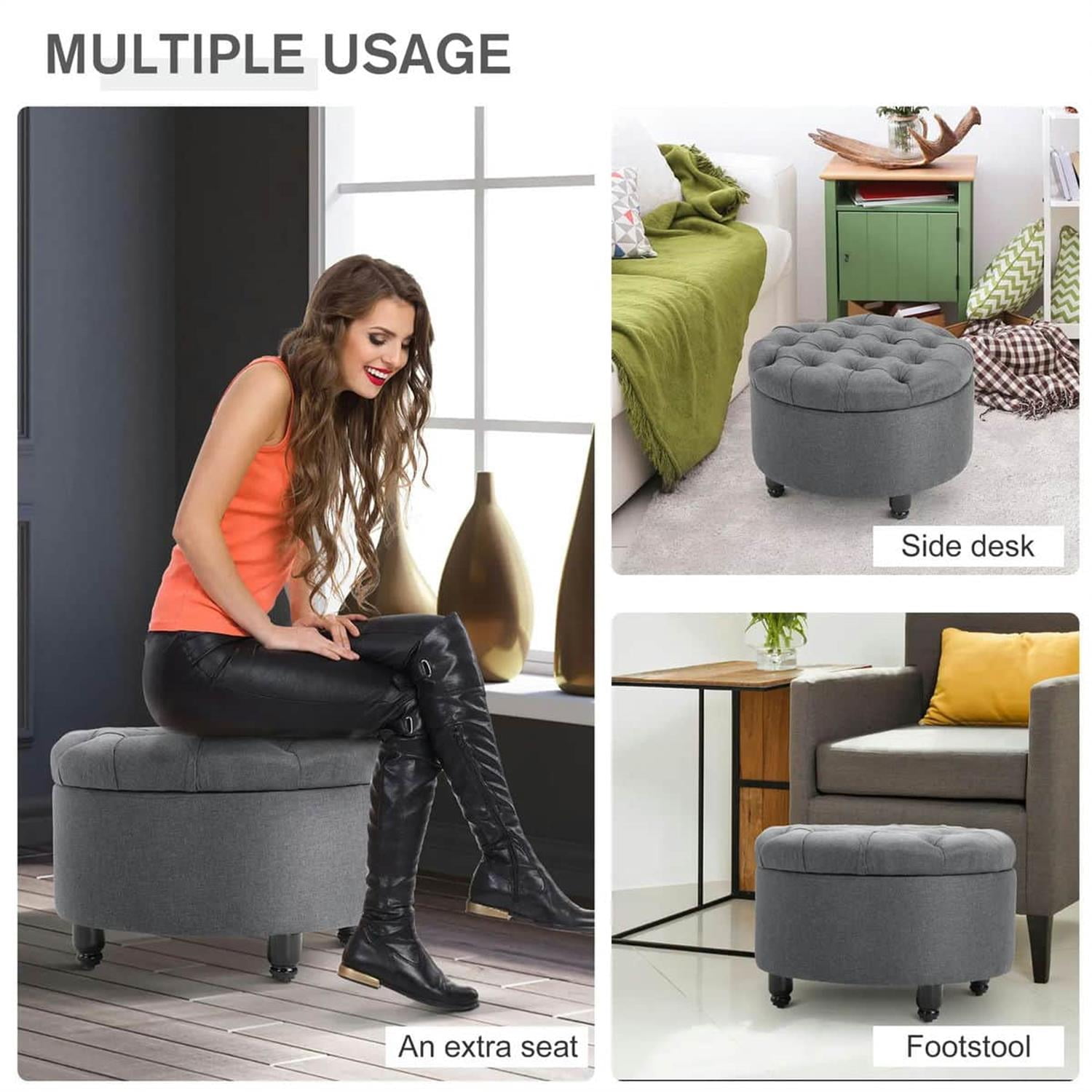 Demi Bonn 24" Round Ottoman Storage Footstool with Linen-touch Fabric, Removable Lid, Button Tufted Footrest for Living Room and Bedroom, Gray