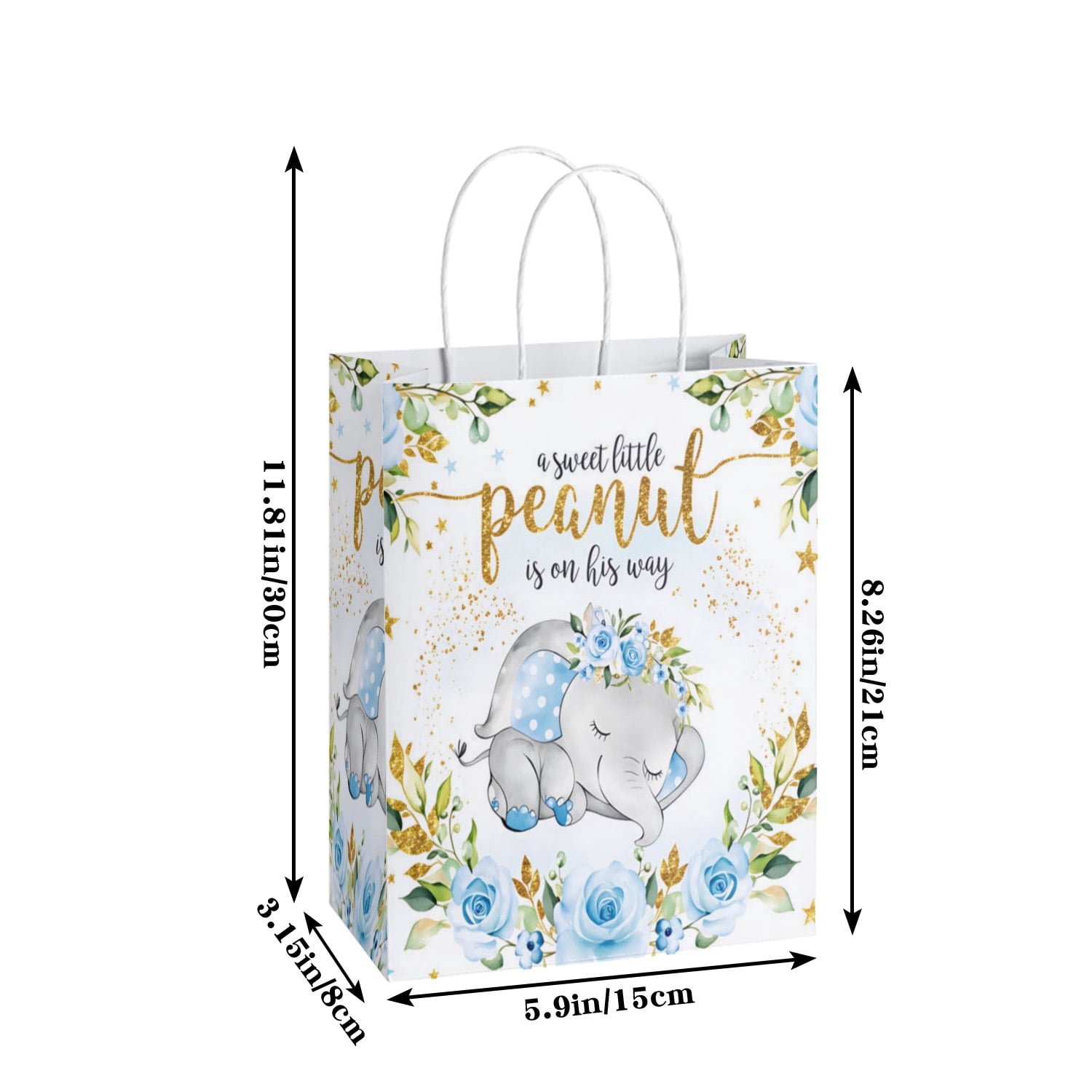 20Pcs Elephant Baby Shower Party Favor Bags, Blue Floral Sweet Little Peanut is on His Way Cute Elephant Party Supplies