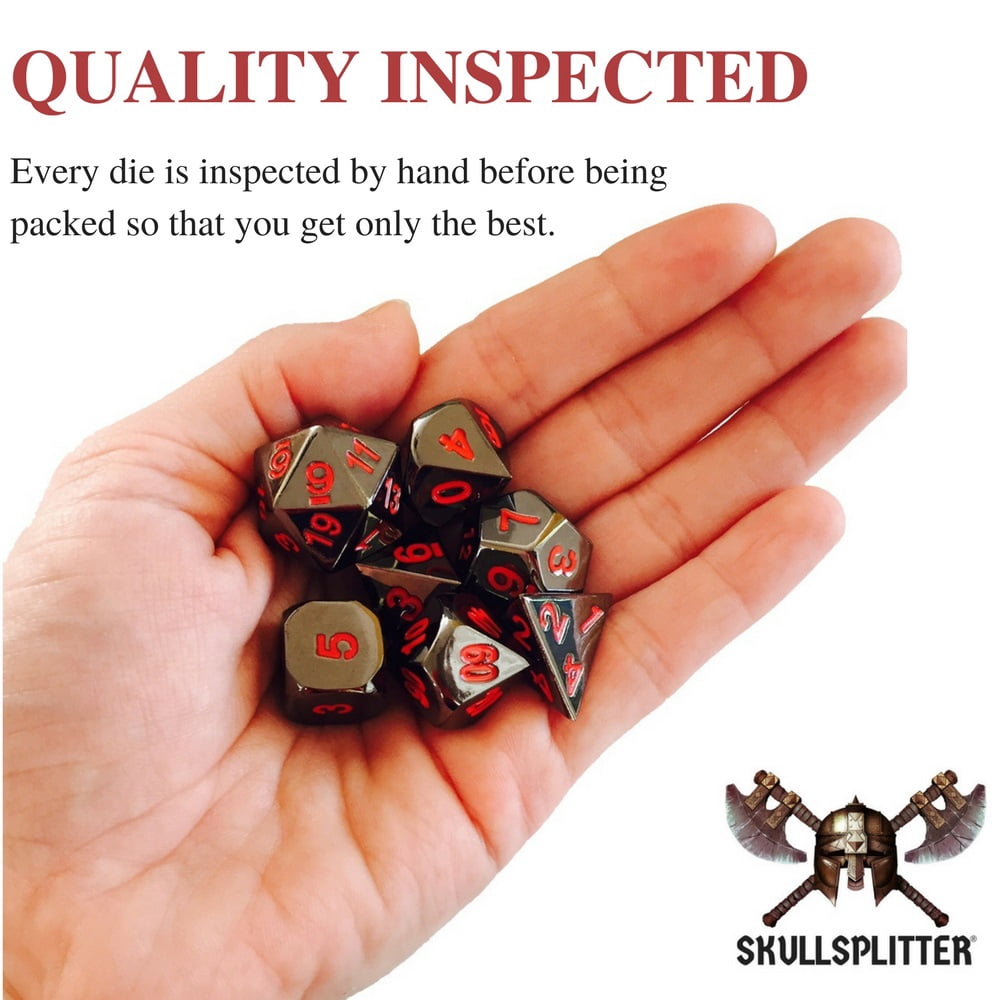 Wizards Grimoire with Smoke and Fire | Shiny Black Nickel with Red Numbers Metal Dice -