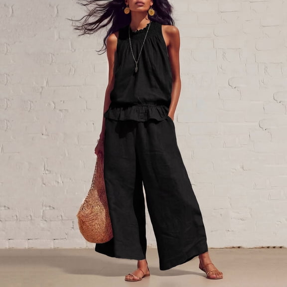 Muscularfit 2 Piece Summer Set Womens Linen Set Palazzo Vacation Sets Sets Crew Neck Sleeveless Full Length Wide-Leg Black Womens Shorts Set,XL