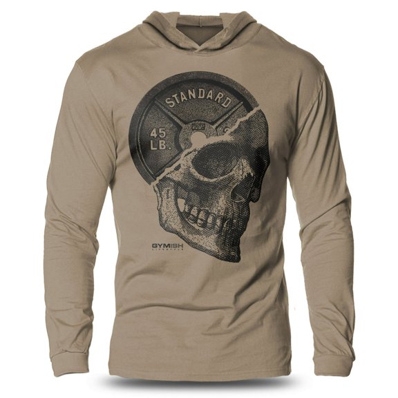 GYMISH Skull Plate Lightweight Long Sleeve Hooded T-Shirt for Men – Workout Gym Hoodie, Khaki, Small