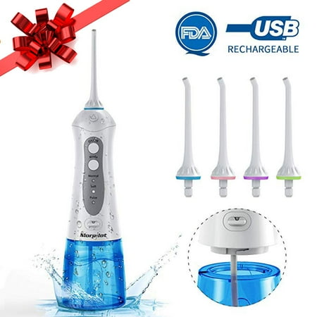 - End-of-year Clearance! Water Flosser Portable Cordless Dental Oral Irrigator, Rechargeable IPX7 Waterproof Flosser with 4 Jet Nozzles, White and Blue