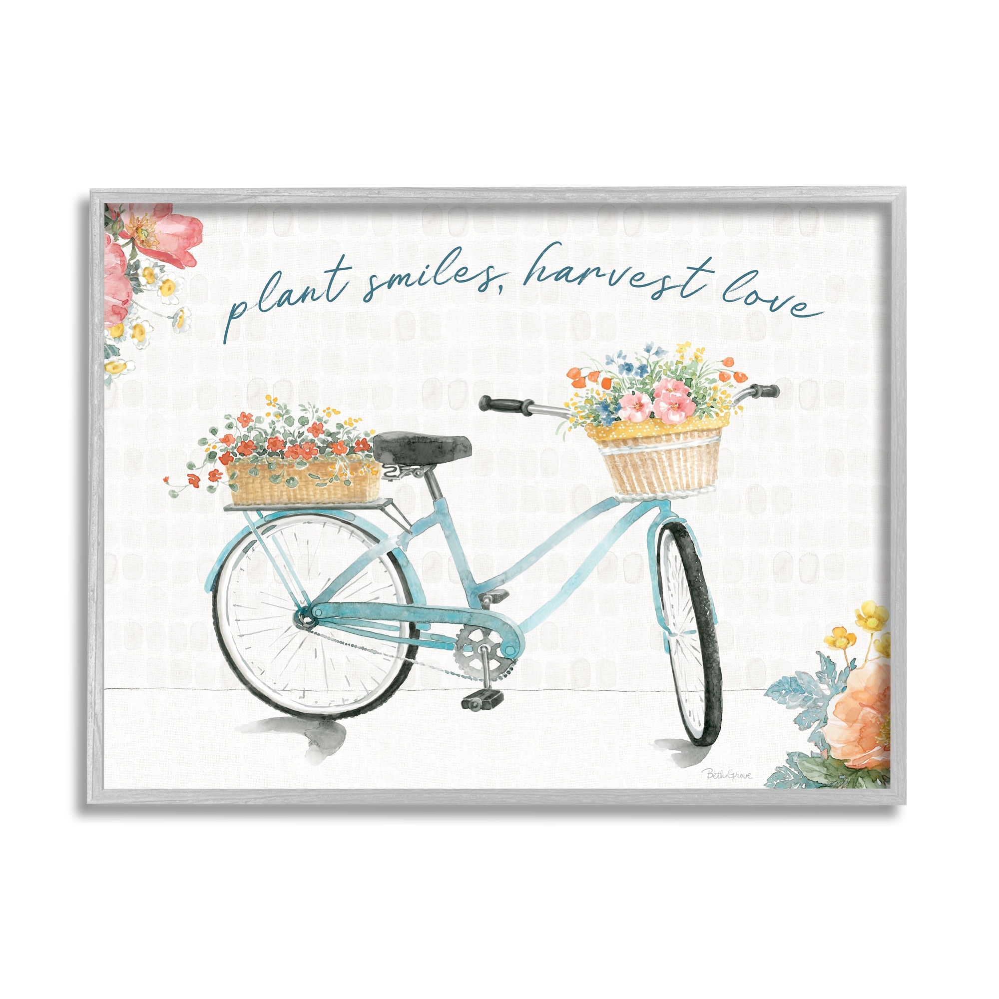 Stupell Industries Plant Smiles Harvest Love Phrase Floral Basket Bicycle, 14 x 11,Design by Beth Grove