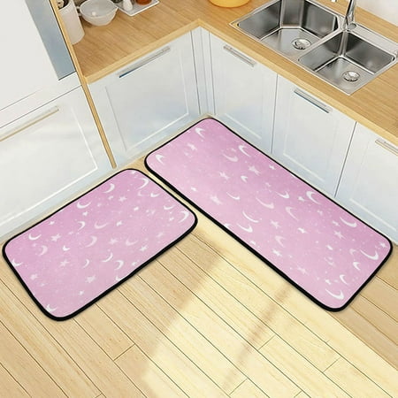 

Wobogo Star Moon Pink Pattern Kitchen Carpet Set of 2 Absorbent and Stain Resistant Non-slip Star Rubber Backing