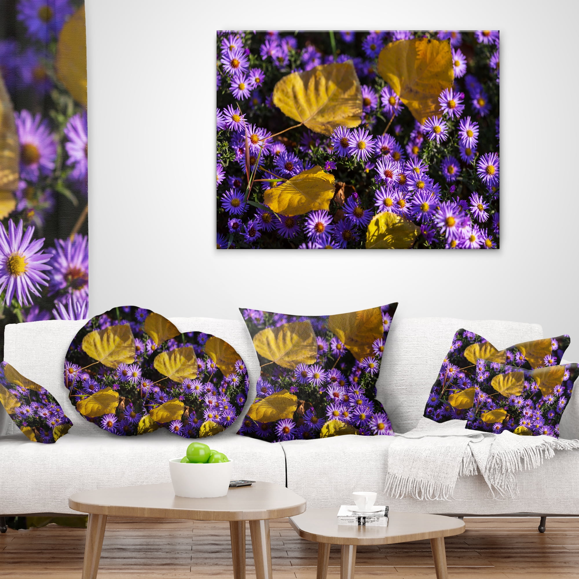 Designart Little Purple Flowers and Yellow Leaves - Floral Throw Pillow - 16x16