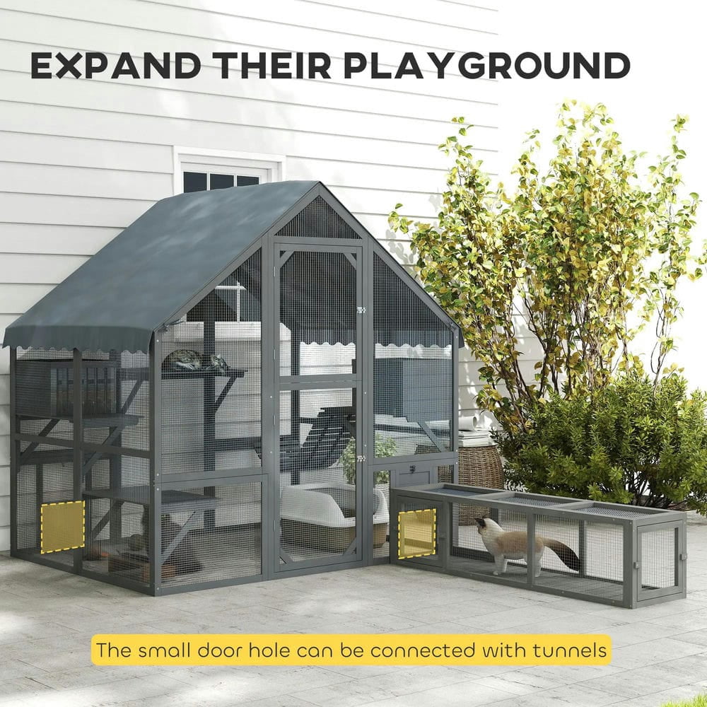 Topcobe Wooden Catio Outdoor Cat Enclosure with Waterproof Cover, 2 Condos, 4 Platforms, Bridge, Doors, Outdoor Wooden Feral Cat Shelter, Gray