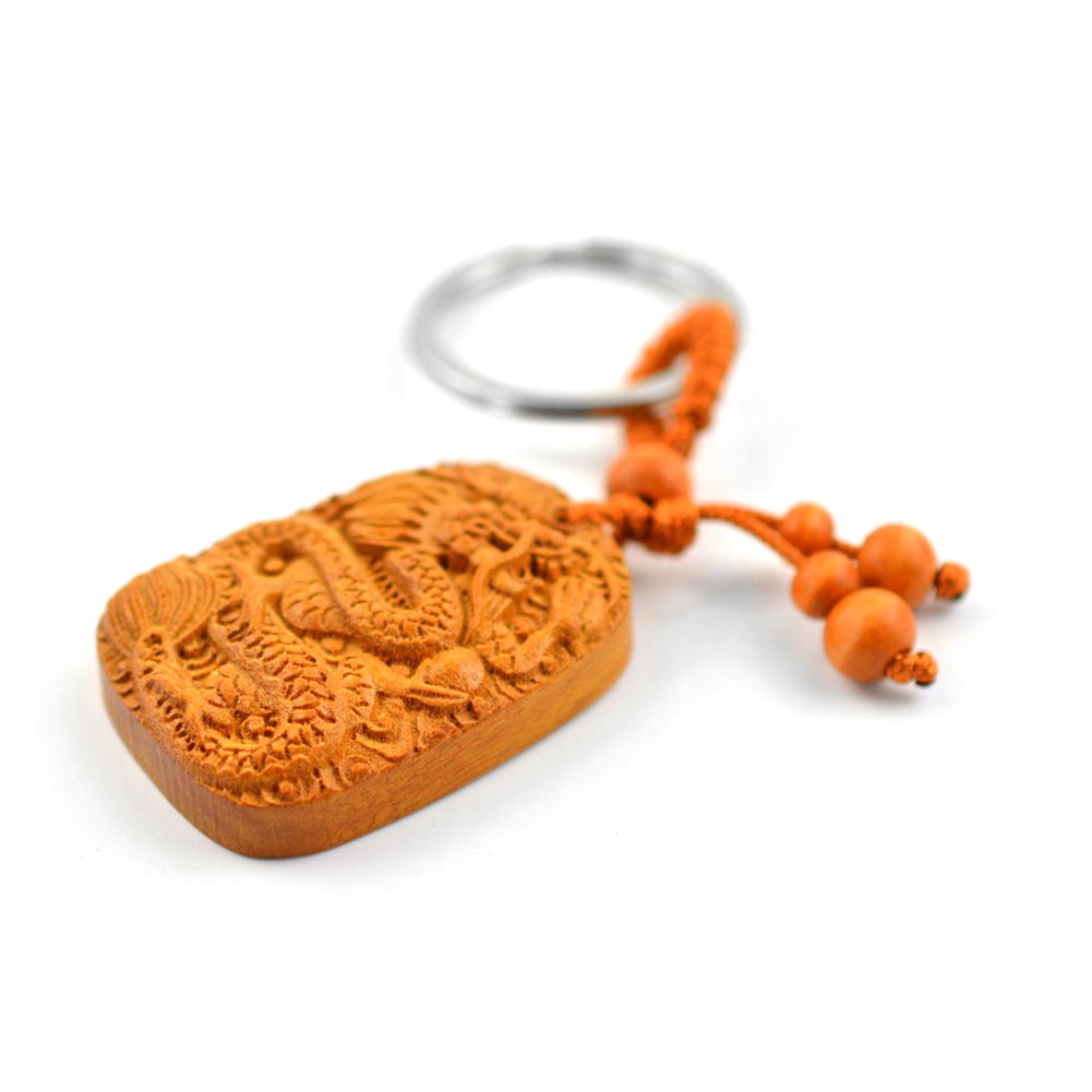 2022 Lucky Peach Wood Carving 3D Fortune Cat Pendant Keychain Key Ring