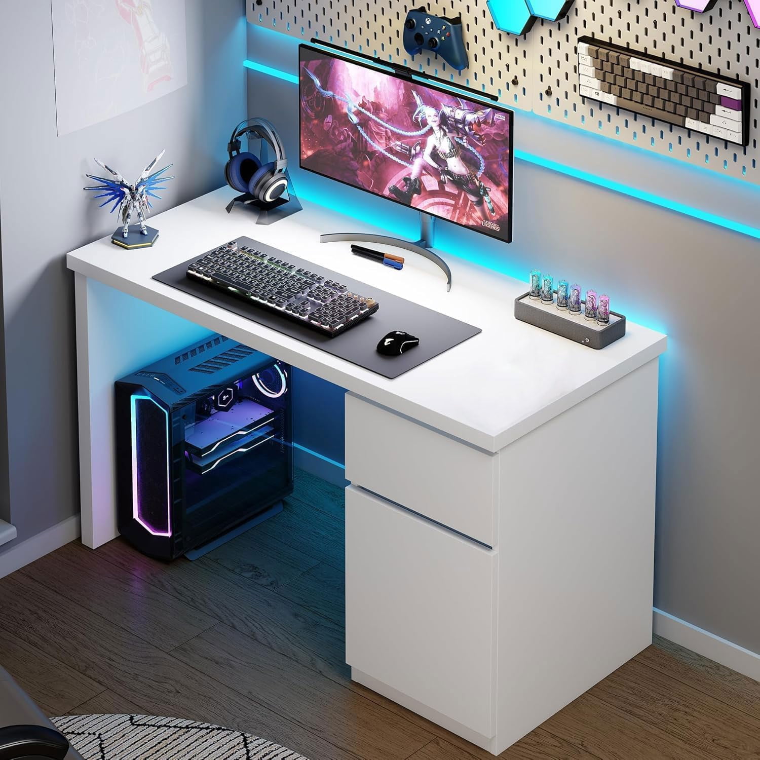 White Desk with Drawers, 55 Inch Small Cute Desk for Bedroom, Home Office PC Desk Workstation Study Table Desk with Storage, White