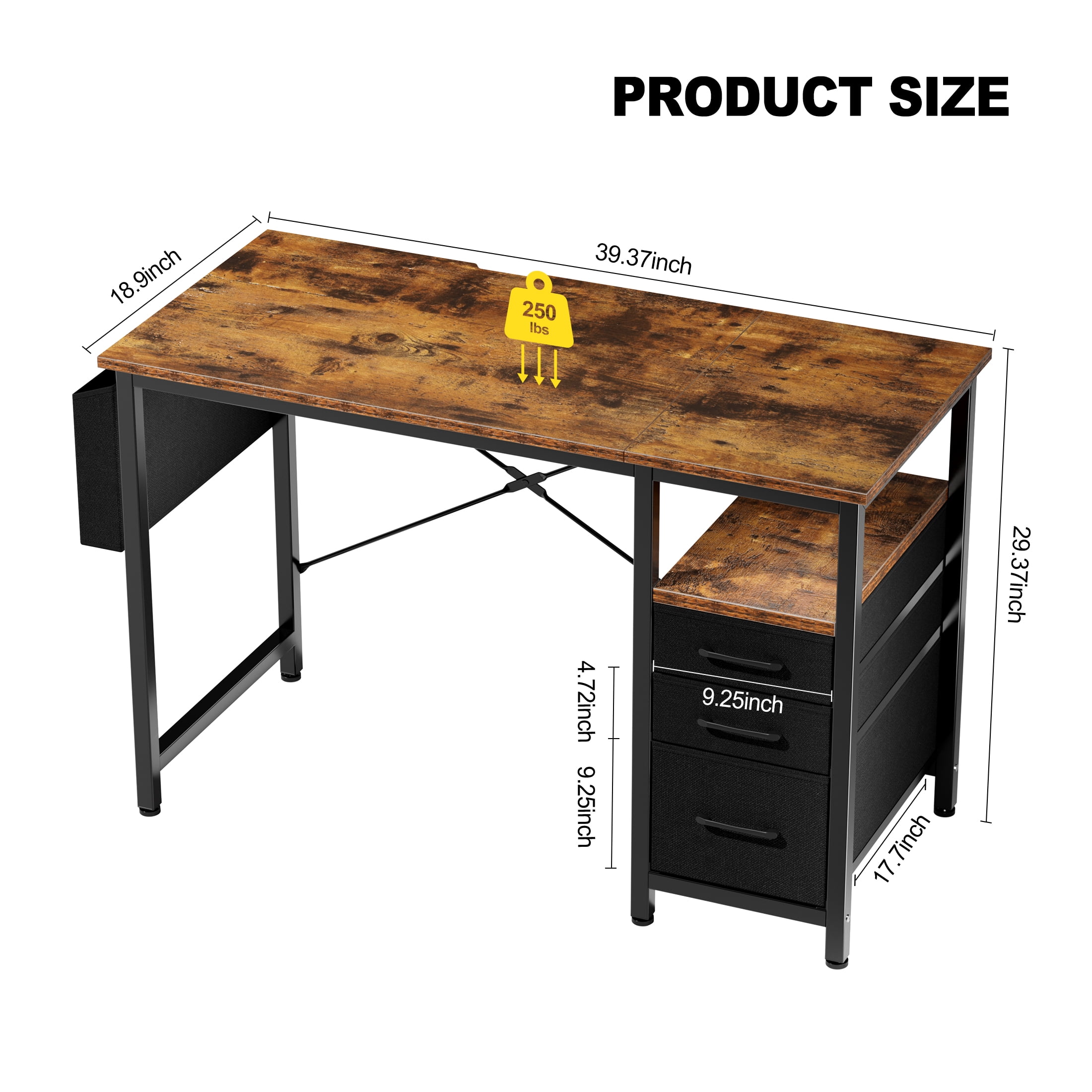 EDX 40 Inch Computer Desk with 3 Drawers, Writing Desk with Side Storage Pocket, for Home Office, Bedroom , Rustic Brown