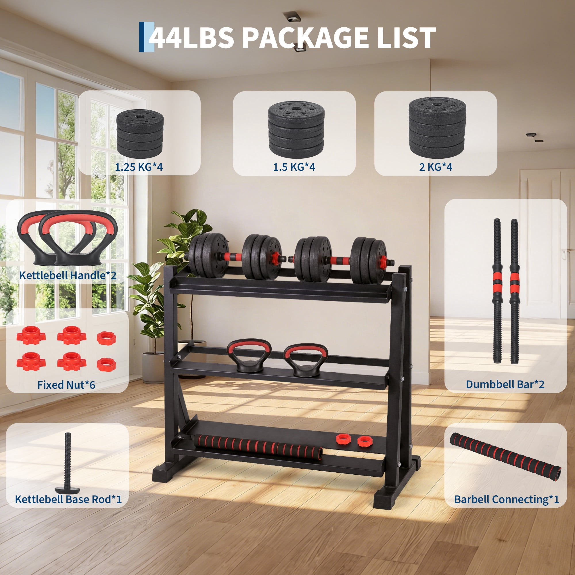 5-in-1 Adjustable Dumbbell Set – Free Weights for Strength Training – Converts to Barbell, Kettlebell & Push-Up Stand – Space-Saving, Ergonomic, Anti-Slip – Home Gym Equipment – Black+Red