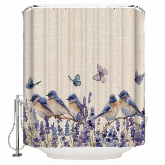 Small Stall Shower Curtain 36x78 Inch Narrow Half Size Purple Spring Floral Bath Curtains Bathroom Decor Summer Birds Butterfly Farmhouse Waterproof Fabric Shower Curtain Set with Hooks 36 Inch