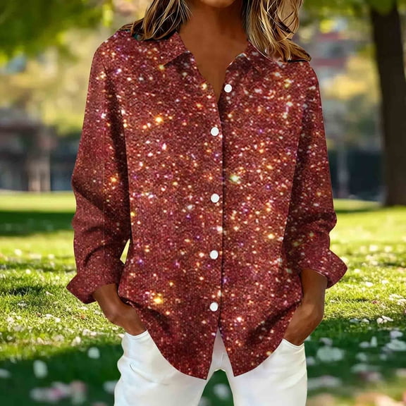ClodeEU Women' s Long Sleeve Shimmer Daily Print Button Down Shirt,Fashion Loose Fit Top Red,Womens Plus XXXXL