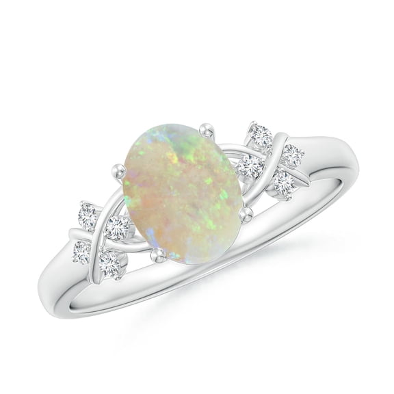 Angara Natural Opal Ring - Solitaire Oval Opal Criss Cross Ring with Diamonds in Platinum for Women | October Birthstone Jewelry (Ring Size = 5)