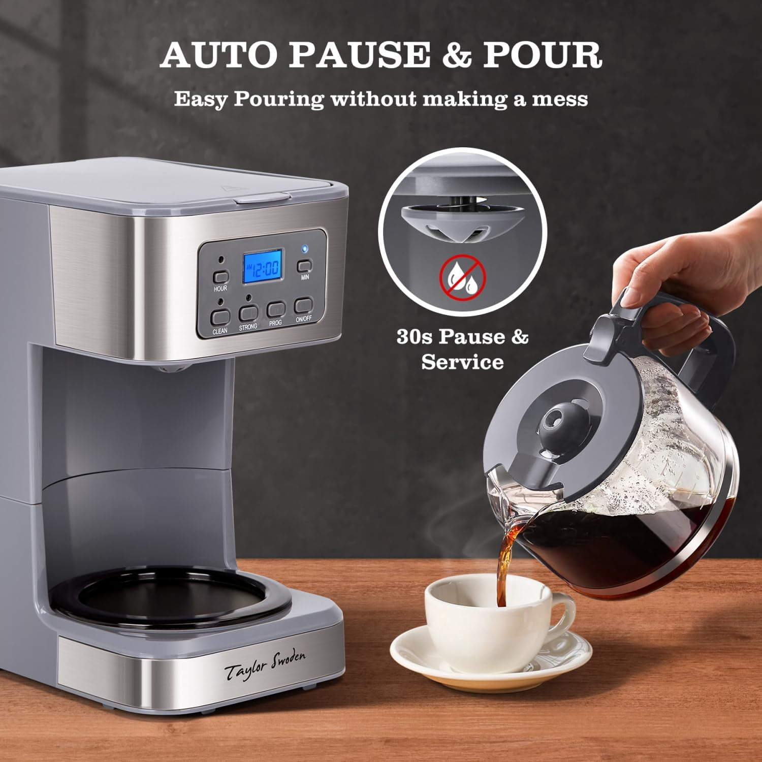 12-Cup Programmable Coffee Maker, Regular & Strong Brew Drip Coffee Machine for Home and Office, Glass Carafe, Pause & Serve, Auto Shut Off, Gray & Stainless Steel