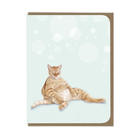 Orange Tabby Cat Greeting Card Funny Relaxed Kitten Illustration on Light Blue Background Blank Note Card for Cat Lovers Birthday or Just Because Occasion