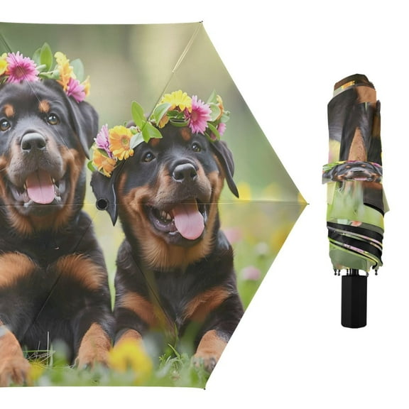 Rottweiler Dog in Flower Compact Sun Umbrella Windproof Travel Umbrellas for Rain Strong Portable UV Protection