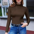 thumbnail image 2 of ManxiVoo Women's High Neck Fitted Long Sleeve Top Stretch Cotton Blend Basic Layering Tee Comfortable Bodycon Style S Size Coffee, 2 of 4